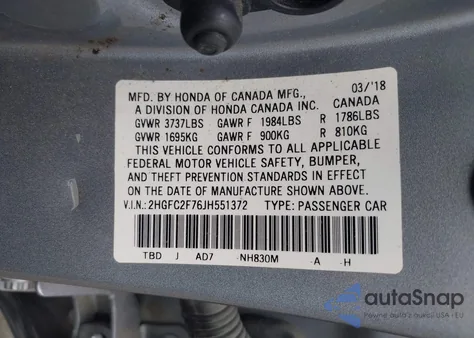 2018 Honda Civic Ex from USA, damaged, VIN 2HGFC2F76JH551372